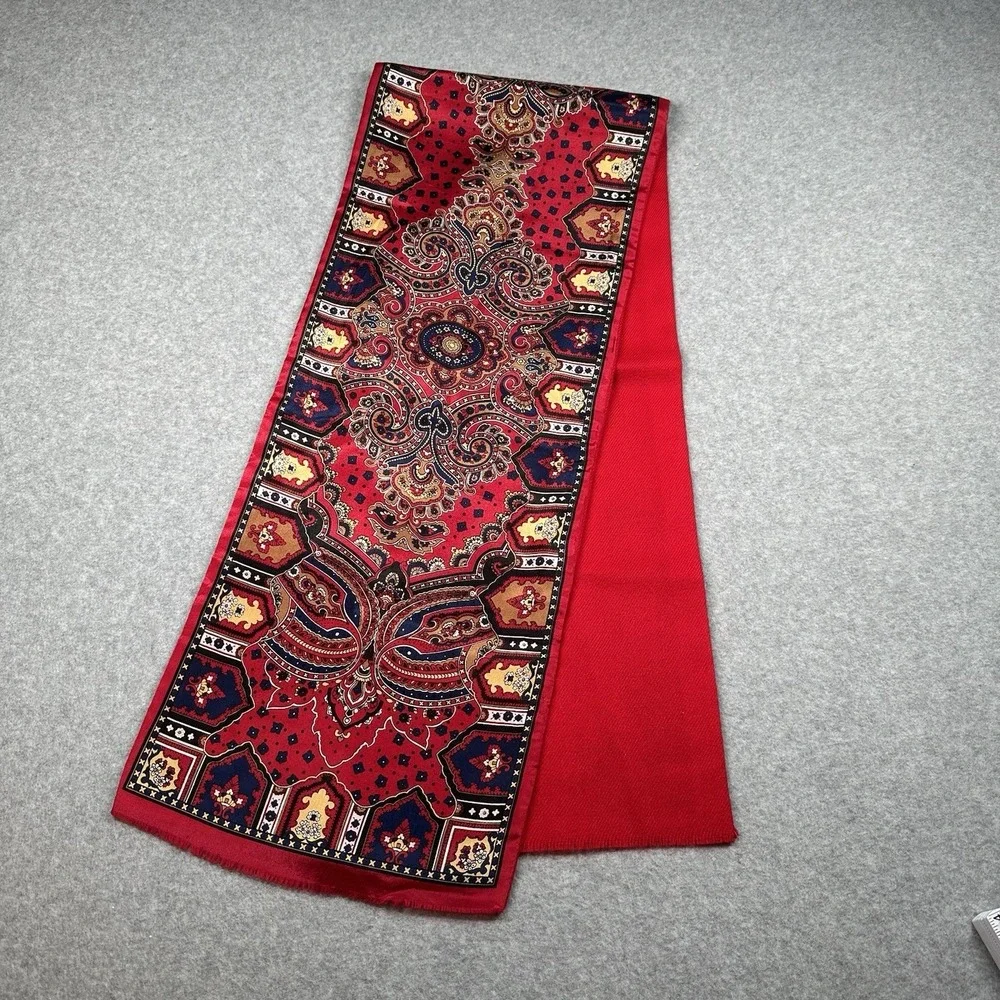 Vintage Oscar de la‎ Renta 100% Silk/Wool Paisley Scarf Red Japan 90s NOTE 52x10